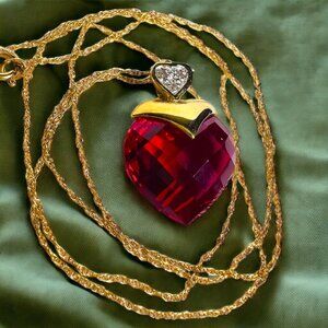 Ruby Necklace in 10k Yellow Gold 16" Ruby & Diamond Large Heart Briolette - 3g